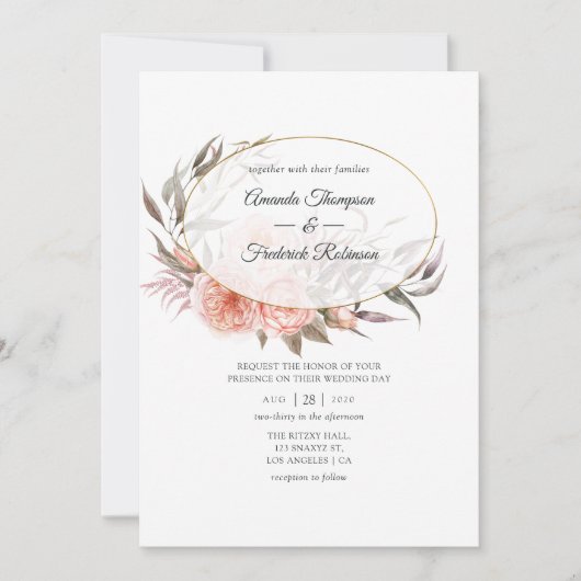 Burgundy Plum en Blush Floral Geometric Wedding Kaart (Voorkant)