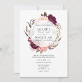 Burgundy Plum en Blush Floral Geometric Wedding Kaart (Voorkant)
