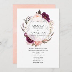 Burgundy Plum en Blush Floral Geometric Wedding Kaart