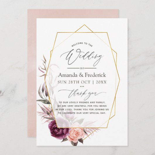 Burgundy Plum en Blush Floral Geometric Wedding Programmakaart (Voorkant / Achterkant)