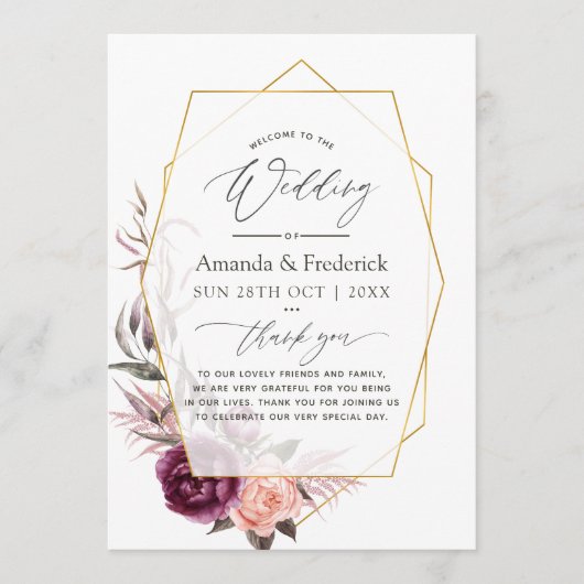 Burgundy Plum en Blush Floral Geometric Wedding Programmakaart (Voorkant)