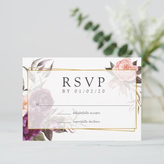 Burgundy Plum en Blush Geometric Wedding RSVP Kaartje (Staand voorkant)
