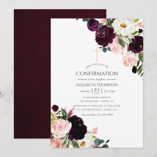 Burgundy Plum en Blush Pink Floral Bevestiging Kaart (Voorkant / Achterkant)