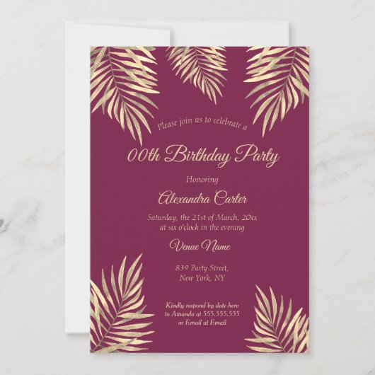 Burgundy Plum Sepia Gold Palms Birthday Party Kaart (Voorkant)