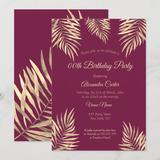 Burgundy Plum Sepia Gold Palms Birthday Party Kaart (Voorkant / Achterkant)