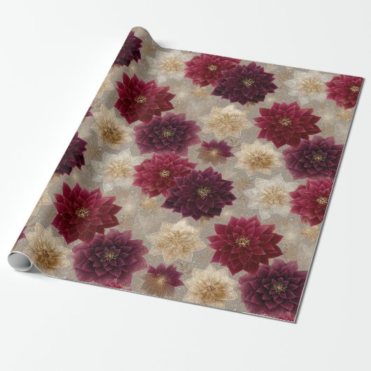 Burgundy Poinsettia Christmas Pattern (7) Cadeaupapier (Uitgerold)