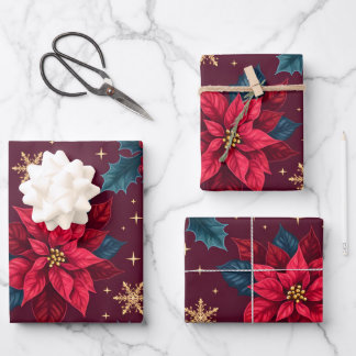 Burgundy Poinsettia & Gold Snowflake Dark Feminine Inpakpapier Vel