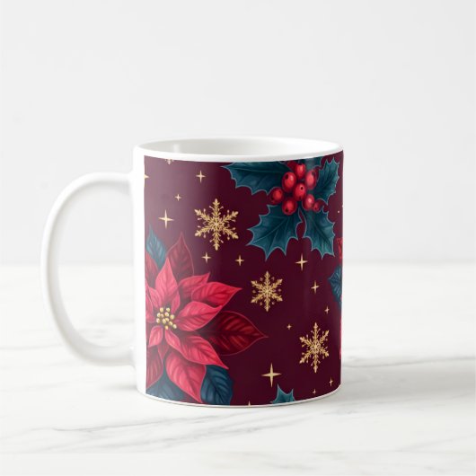 Burgundy Poinsettia & Gold Snowflake  Koffiemok (Links)