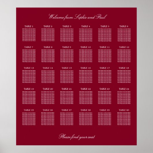 Burgundy Poster 30 Tafel Wedding Seating Chart (Voorkant)