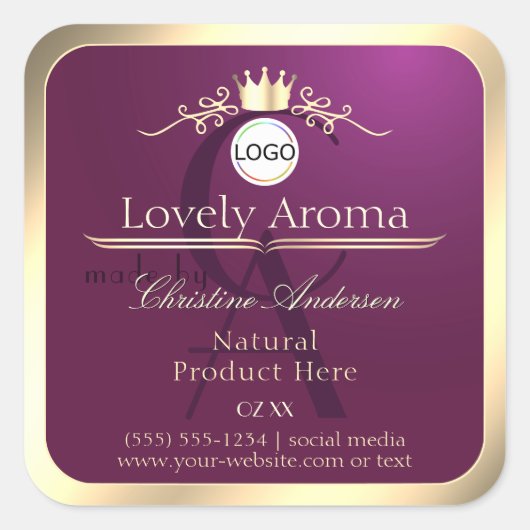 Burgundy Product Label Gold Border Logo Monogram (Voorkant)