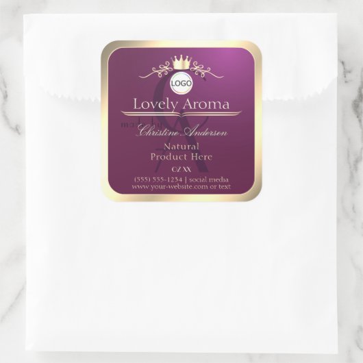 Burgundy Product Label Gold Border Logo Monogram (Tas)