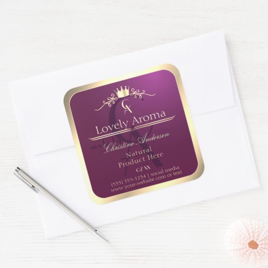 Burgundy Product Label with Gold Border Monogram (Envelop)