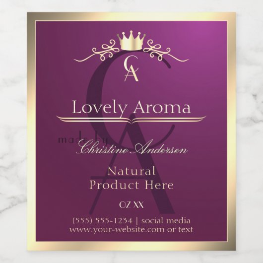 Burgundy Product Label with Gold Border Monogram Wijn Etiket (Enkel label)