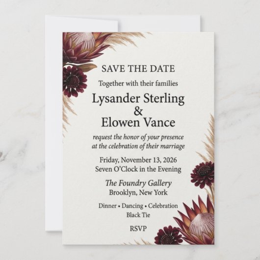 Burgundy Protea & Pampas Gras Save the Date Kaart (Voorkant)