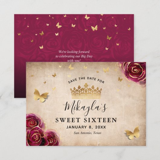 Burgundy Pruim Goud Roos Perkament Elegant Save The Date (Voorkant / Achterkant)