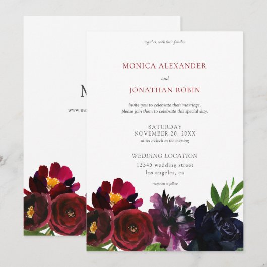 Burgundy Pruim Navy Bloem Kaart (Voorkant / Achterkant)