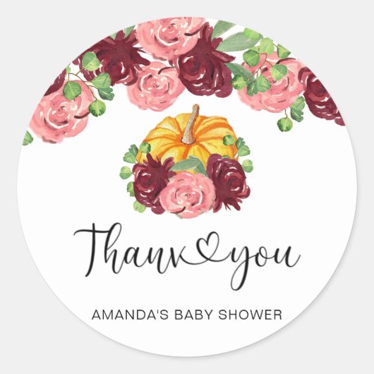 Burgundy pumpkin-baby shower, bedankt ronde sticker (Voorkant)
