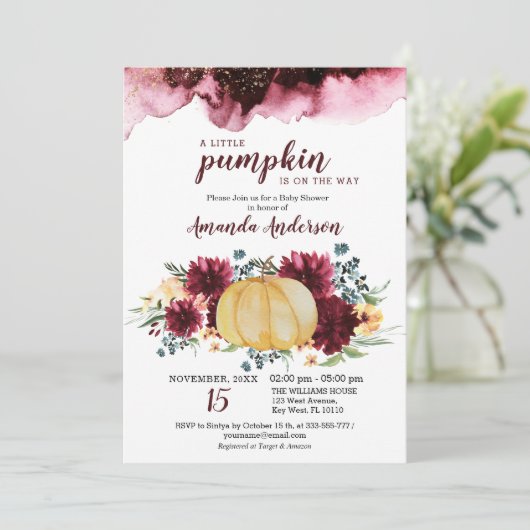 Burgundy Pumpkin Rustic Baby shower Uitnodiging (Staand voorkant)