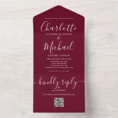 Burgundy QR-code script minimalistische trouwkaart All In One Uitnodiging (Binnen)