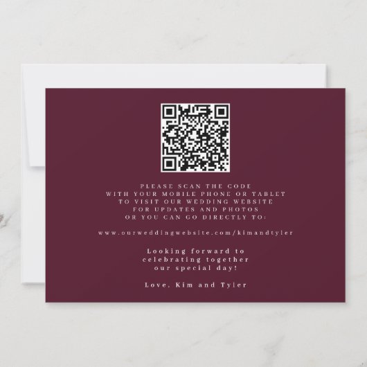 Burgundy QR code simple elegant wedding  Save The Date (Achterkant)