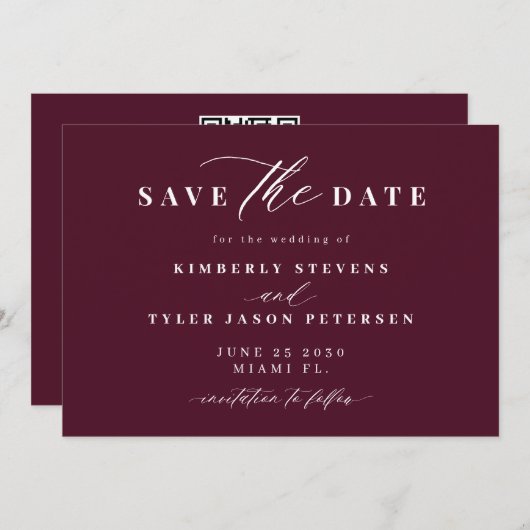 Burgundy QR code simple elegant wedding Save The Date (Voorkant / Achterkant)