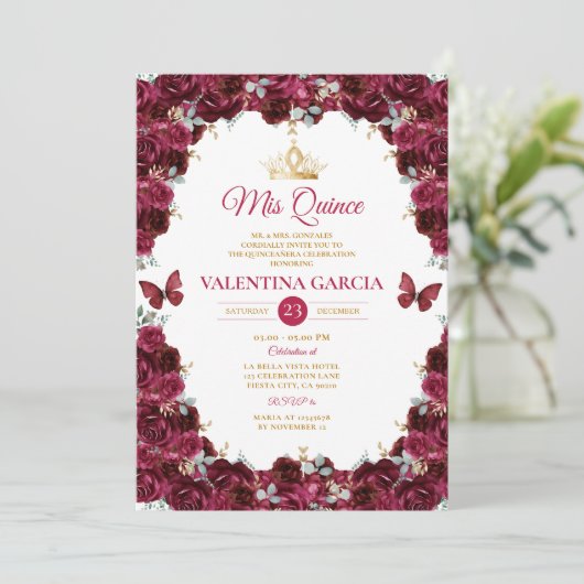 Burgundy Quinceañera 15 Anos Flowers Gold Crown Kaart (Staand voorkant)