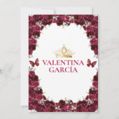Burgundy Quinceañera 15 Anos Flowers Gold Crown Kaart (Achterkant)