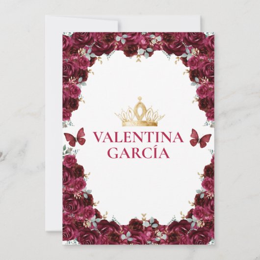 Burgundy Quinceañera 15 Anos Flowers Gold Crown Kaart (Achterkant)