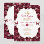 Burgundy Quinceañera 15 Anos Flowers Gold Crown Kaart (Voorkant / Achterkant)
