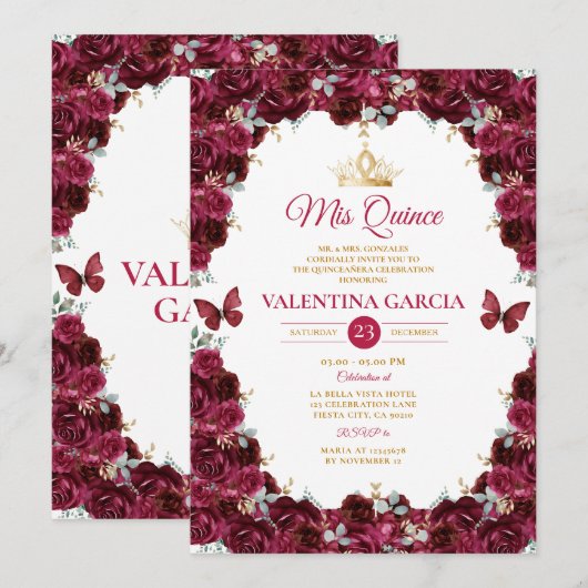 Burgundy Quinceañera 15 Anos Flowers Gold Crown Kaart (Voorkant / Achterkant)