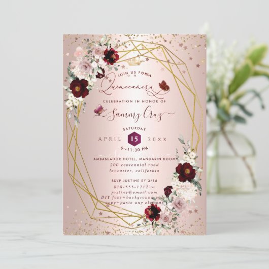 Burgundy Quinceanera H2 Flowers Dusty Roos Blush I Kaart (Staand voorkant)