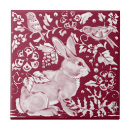 Burgundy Rabbit Bunny Birds Floral Dedham Delft Tegeltje
