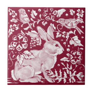 Burgundy Rabbit Bunny Birds Floral Dedham Delft Tegeltje