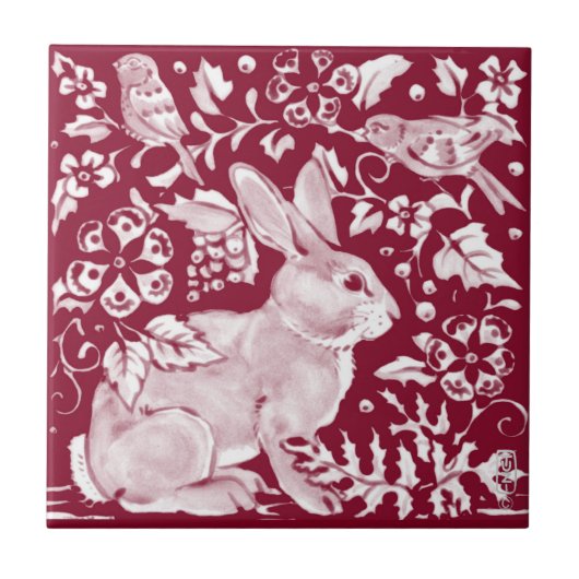 Burgundy Rabbit Bunny Birds Floral Dedham Delft Tegeltje (Voorkant)