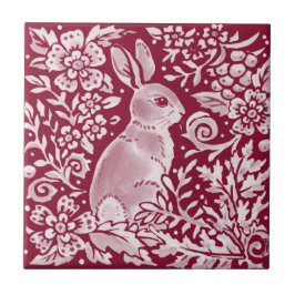 Burgundy Rabbit Bunny Woodland Floral Art Tegeltje