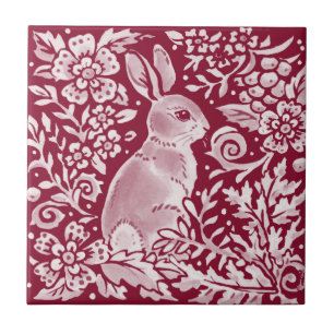 Burgundy Rabbit Bunny Woodland Floral Art Tegeltje