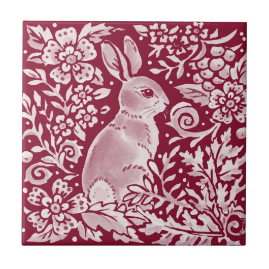 Burgundy Rabbit Bunny Woodland Floral Art Tegeltje (Voorkant)