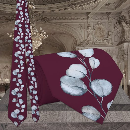 Burgundy Raspberry Dusty Blue Eucalyptus Weddensch Stropdas