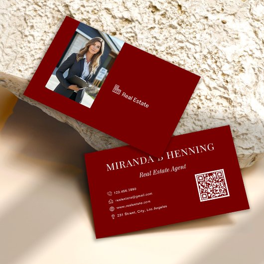 Burgundy Real Estate Agent Photo QR Code Visitekaartje