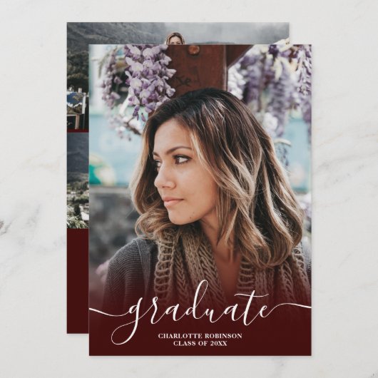 Burgundy red afstuderen afstuderen foto van script kaart (Voorkant / Achterkant)