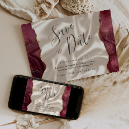 Burgundy Red Agate Ivory Silk Save the Date Kaart