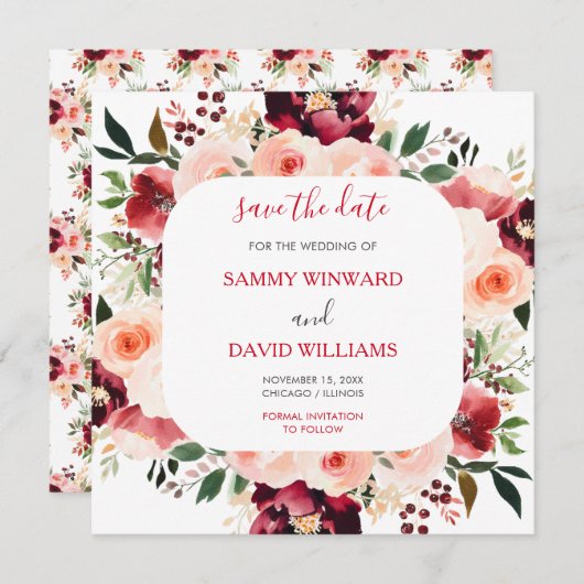 Burgundy Red and Blush Pink Floral Save The Date (Voorkant / Achterkant)