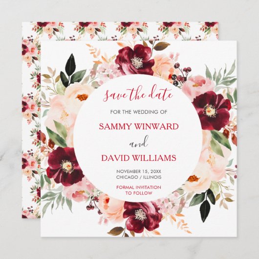 Burgundy Red and Blush Pink Floral Save The Date (Voorkant / Achterkant)