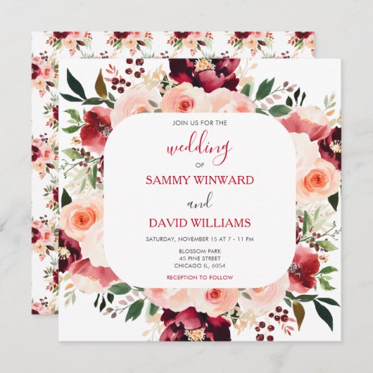 Burgundy Red and Blush Pink Floral Wedding Kaart (Voorkant / Achterkant)