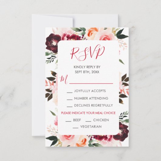 Burgundy Red and Blush Pink Floral Wedding RSVP Kaartje (Voorkant)