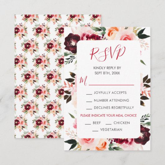 Burgundy Red and Blush Pink Floral Wedding RSVP Kaartje (Voorkant / Achterkant)
