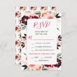 Burgundy Red and Blush Pink Floral Wedding RSVP Kaartje