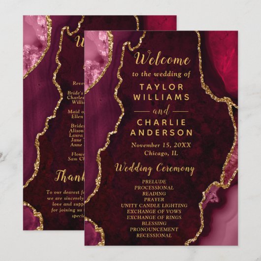 Burgundy Red and Gold Agate Wedding Program Programmakaart (Voorkant / Achterkant)
