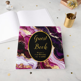 Burgundy Red and Gold Marble Agate Birthday Party Gastenboek