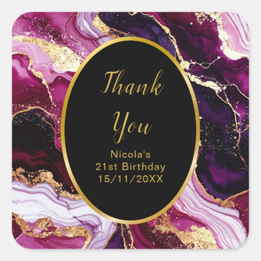 Burgundy Red and Gold Marble Agate Birthday Party Vierkante Sticker (Voorkant)